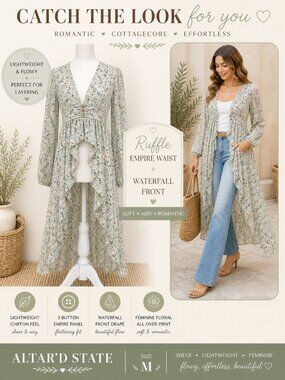 Altar’d State Floral Sage Green Chiffon Ruffle Front Duster Top Size M